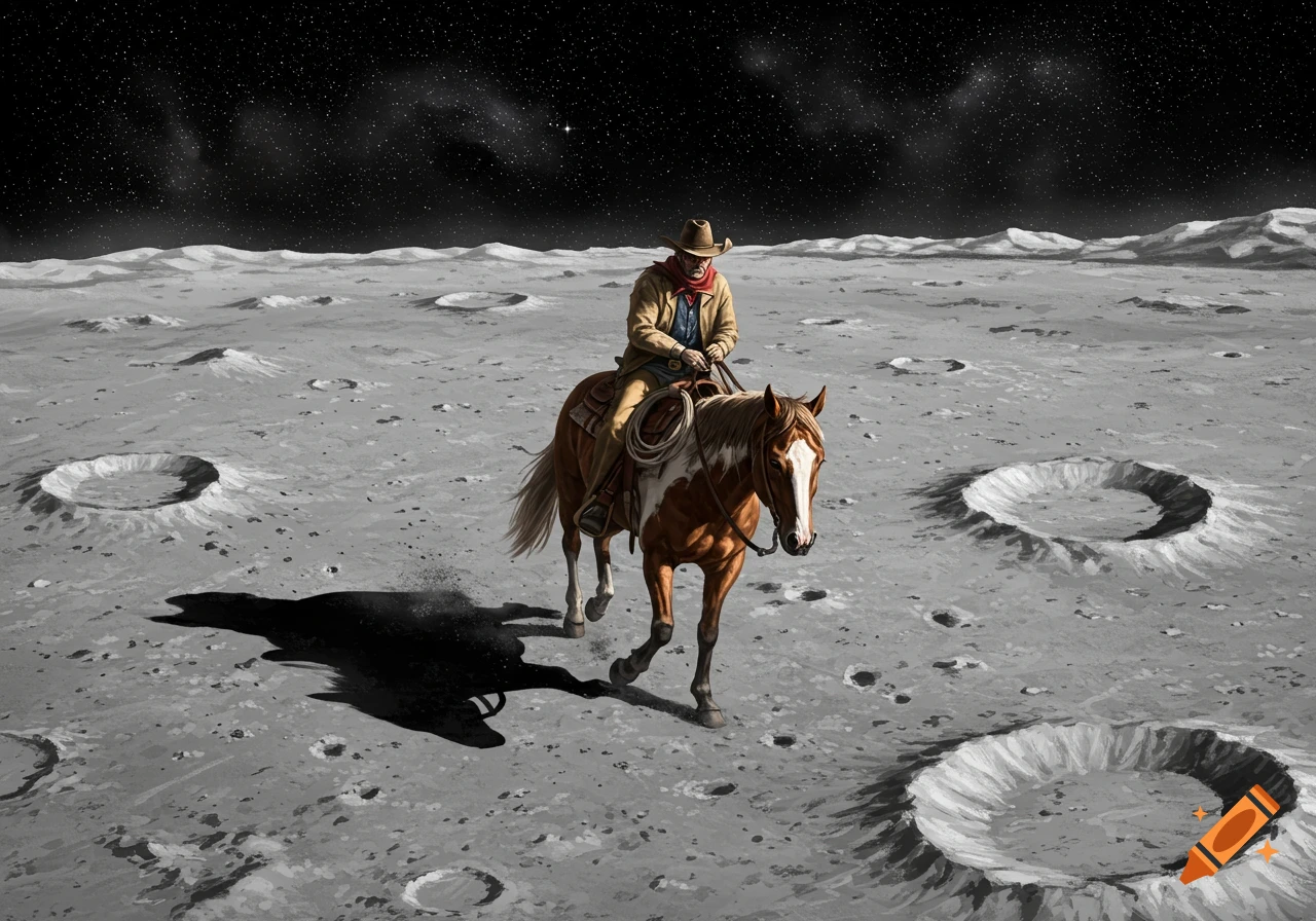 A cowboy rides a horse across the cratered surface of the moon.