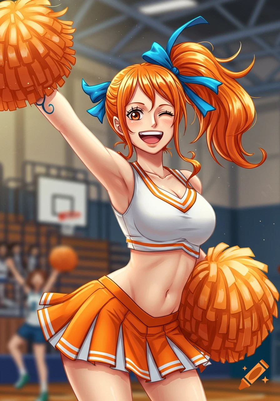 Nami in a cheerleader outfit cheering in a basketball gym
