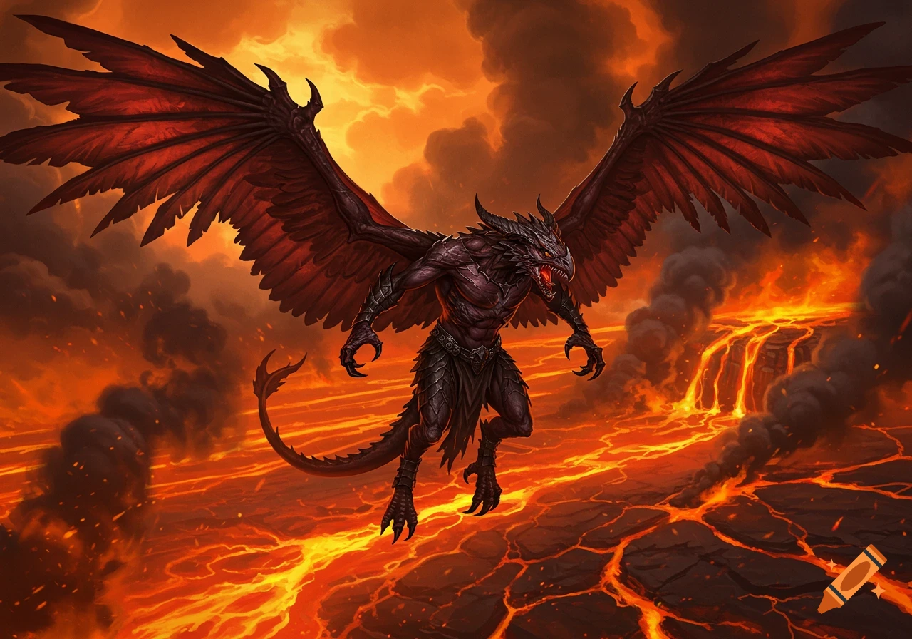 A large, dark red dragon with leathery wings flies over a fiery lava landscape under an orange sky.