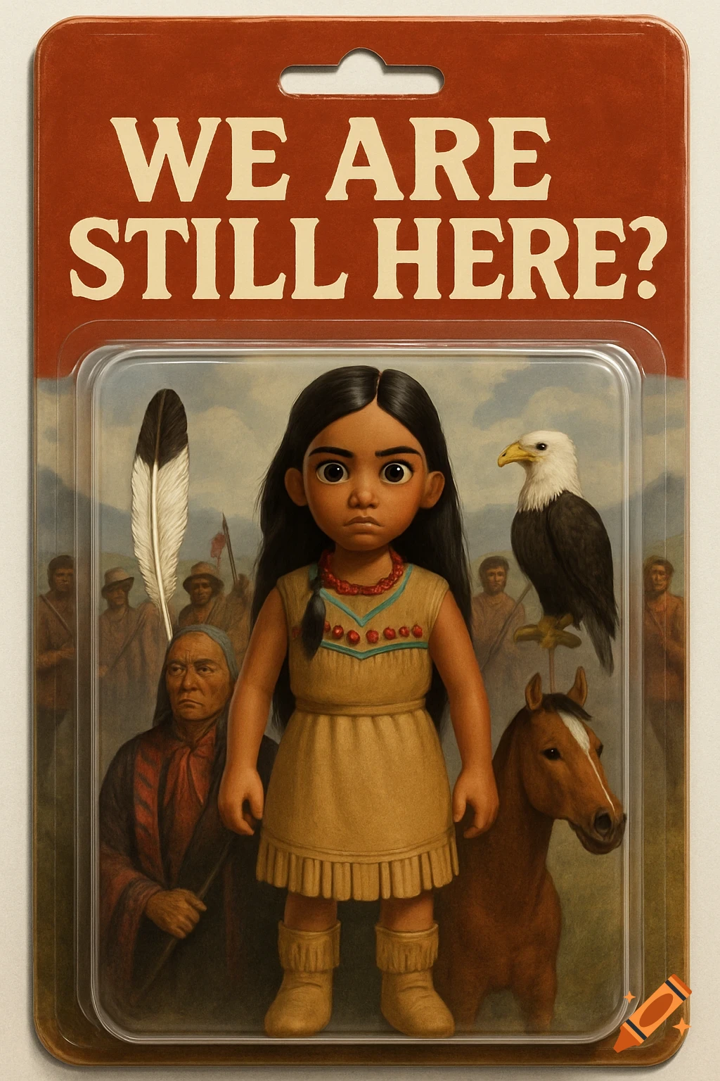 Stylized Native American girl action figure in packaging, text 'WE ARE STILL HERE?', feather, eagle, horse, background figures.