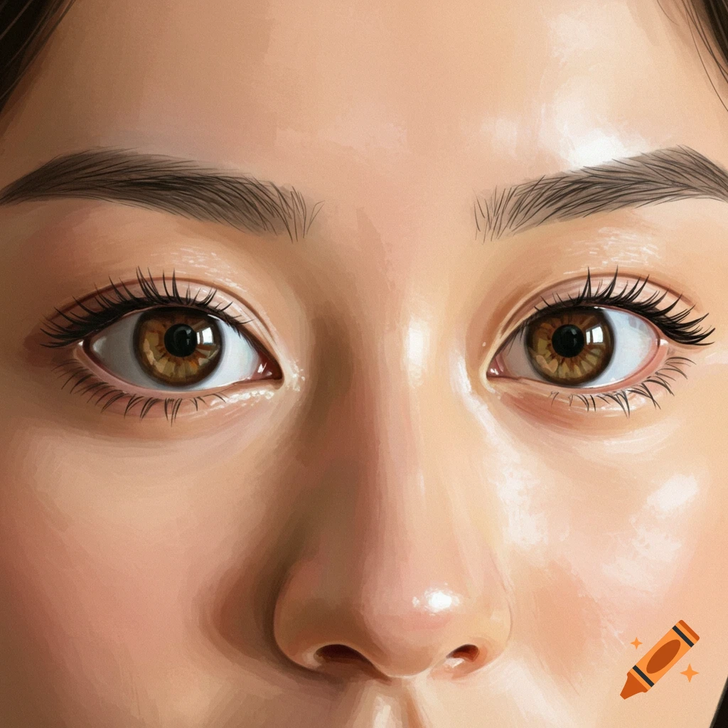 A close-up illustration of brown human eyes and part of a nose.
