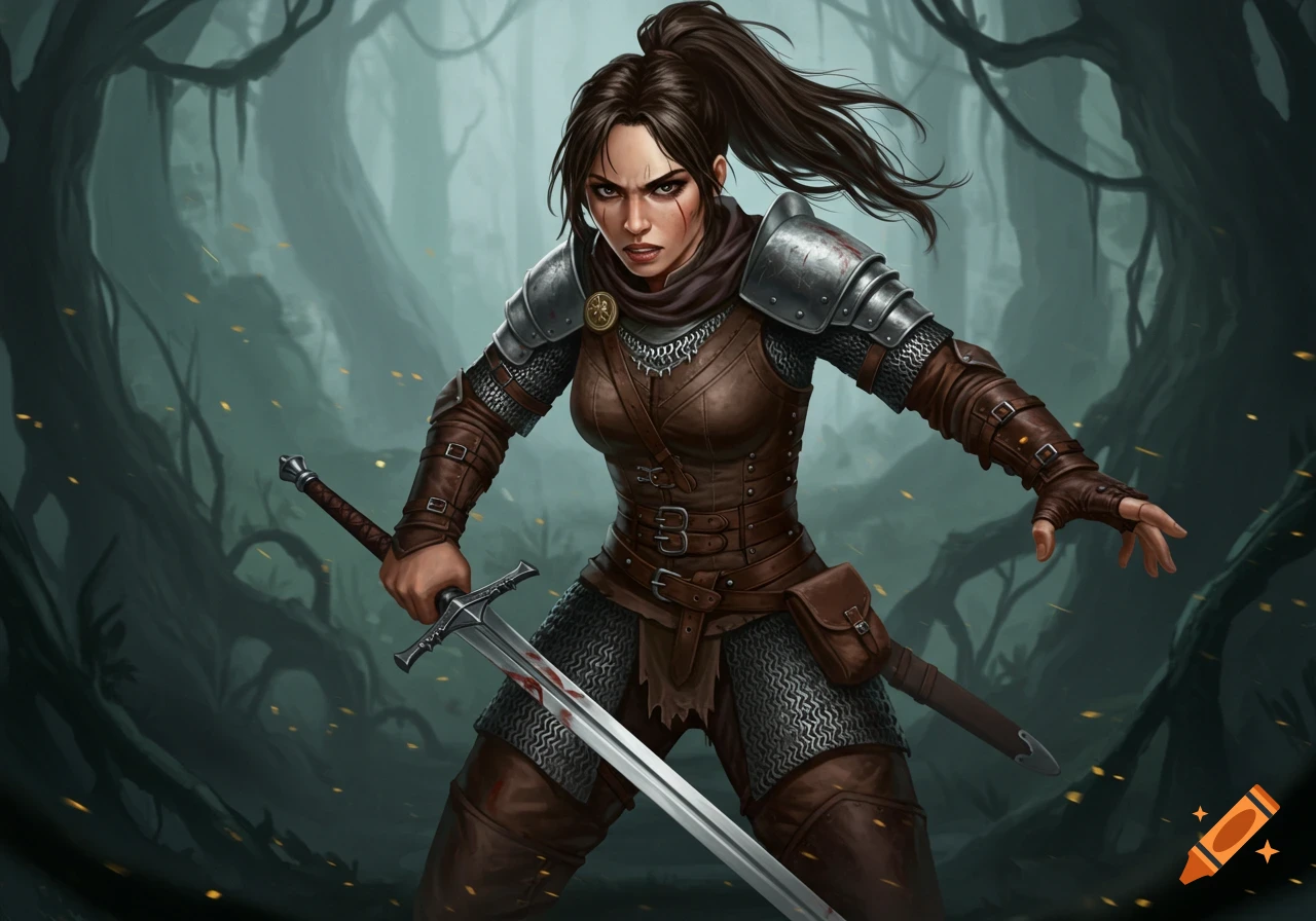A fierce female warrior with a bloodied sword stands ready for battle ...