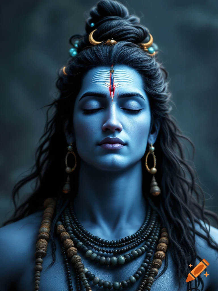 Photorealistic portrait of Lord Shiva with blue skin and closed eyes, wearing beads.