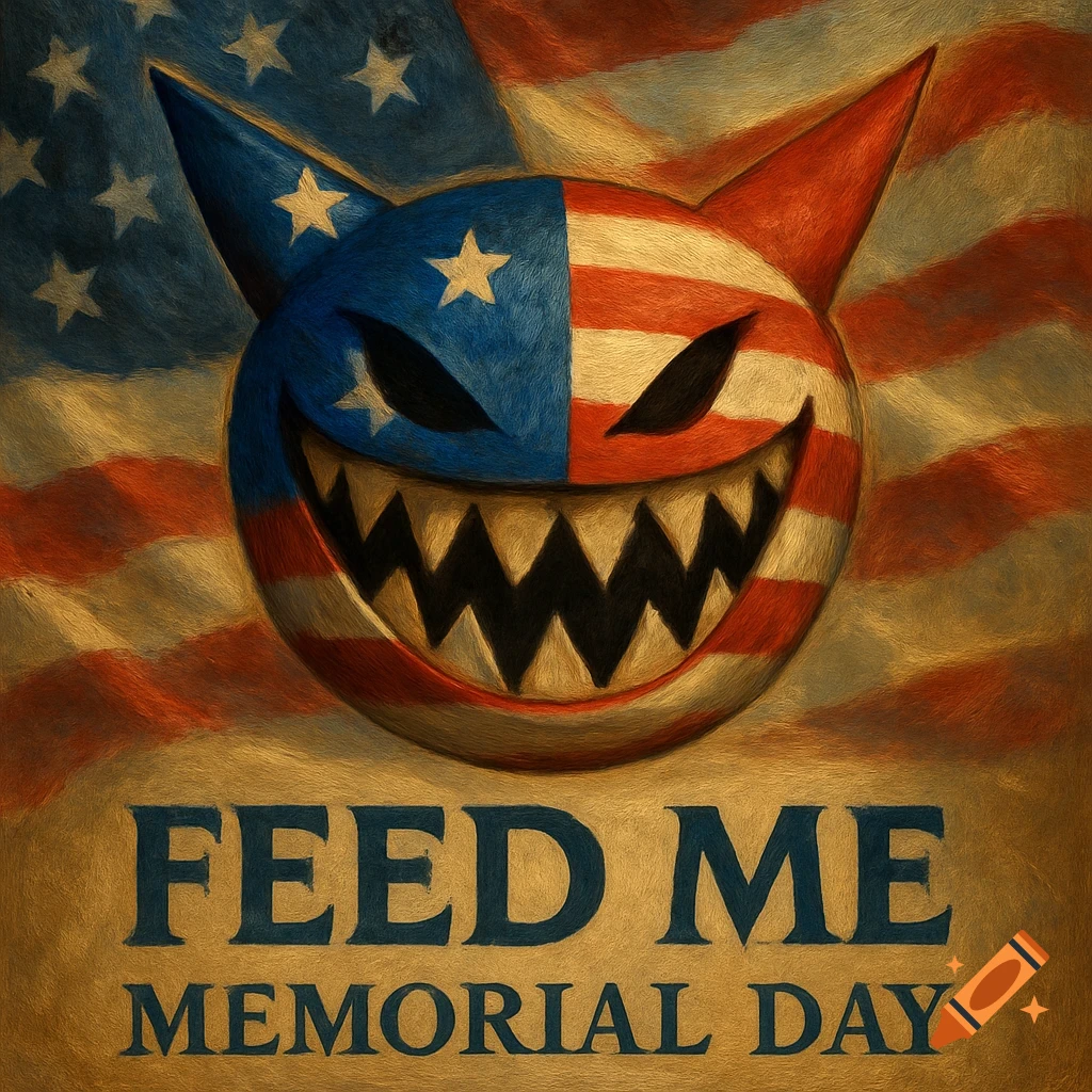 Stylized character head with US flag pattern over flag background, text reads 'FEED ME MEMORIAL DAY', painterly style.