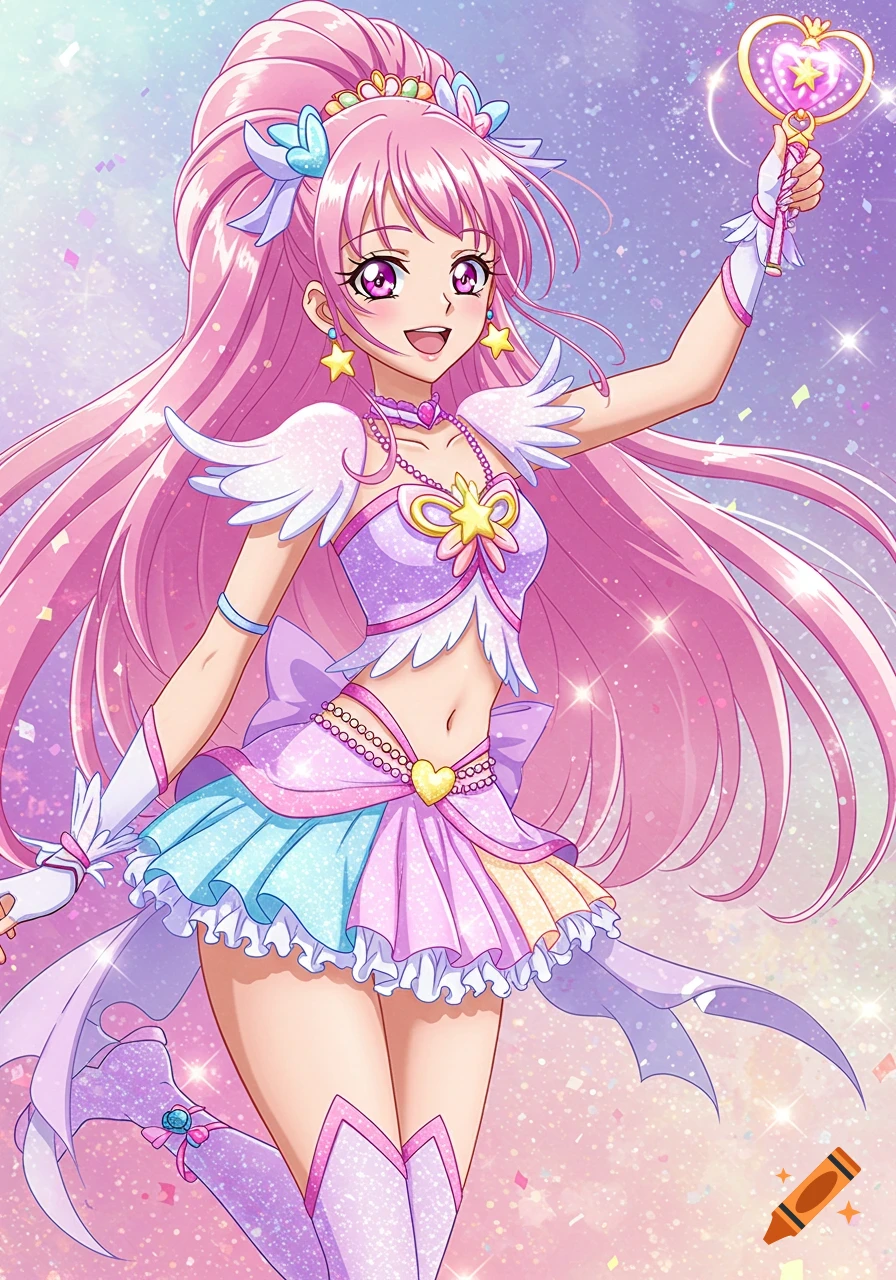 Anime magical girl with pink hair in sparkly outfit holding a heart wand