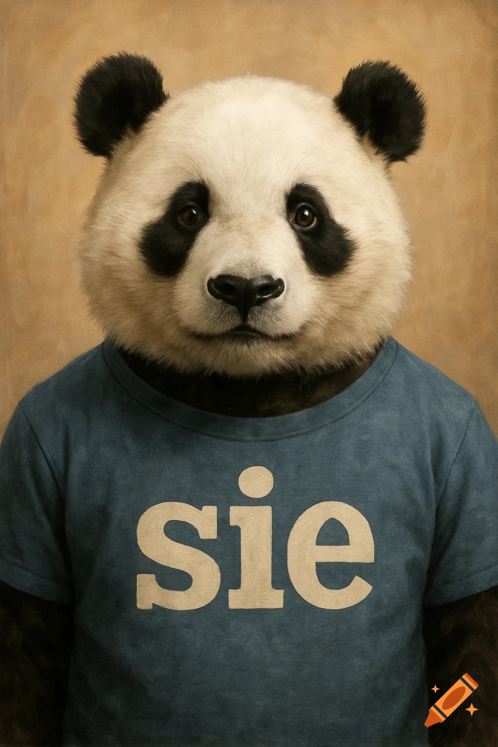 Close-up portrait of a panda wearing a blue t-shirt with 'sie' written on it.