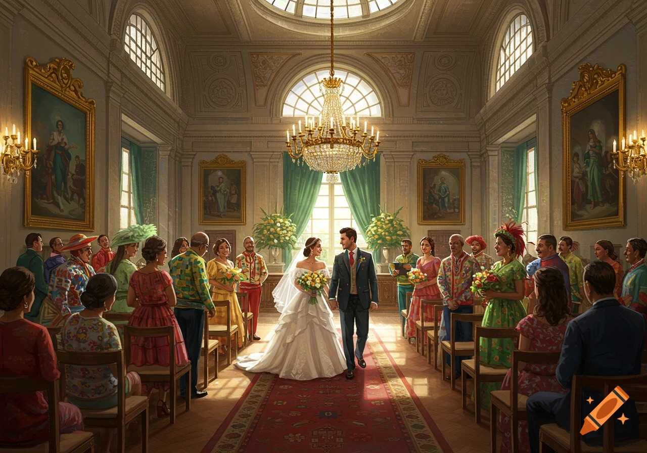 A bride and groom walk down the aisle in a grand hall during a wedding ceremony with guests watching.