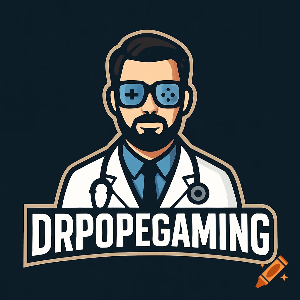 Logo of a stylized doctor wearing gaming glasses with the text DRPOPEGAMING