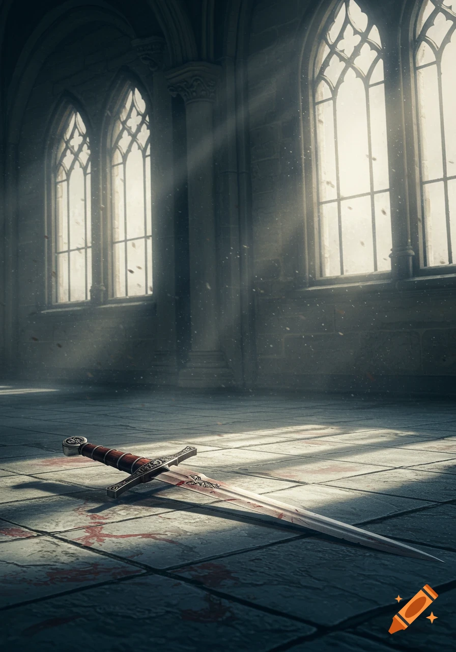 A blood-stained sword lies on a stone floor in a room with large arched windows.