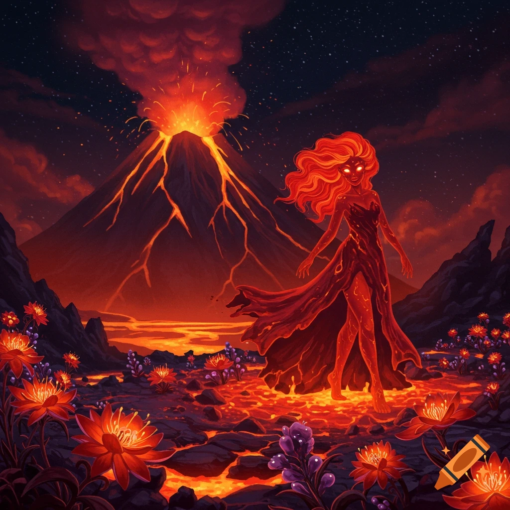Fantasy illustration of a lava woman near an erupting volcano and lava flow with glowing red flowers.