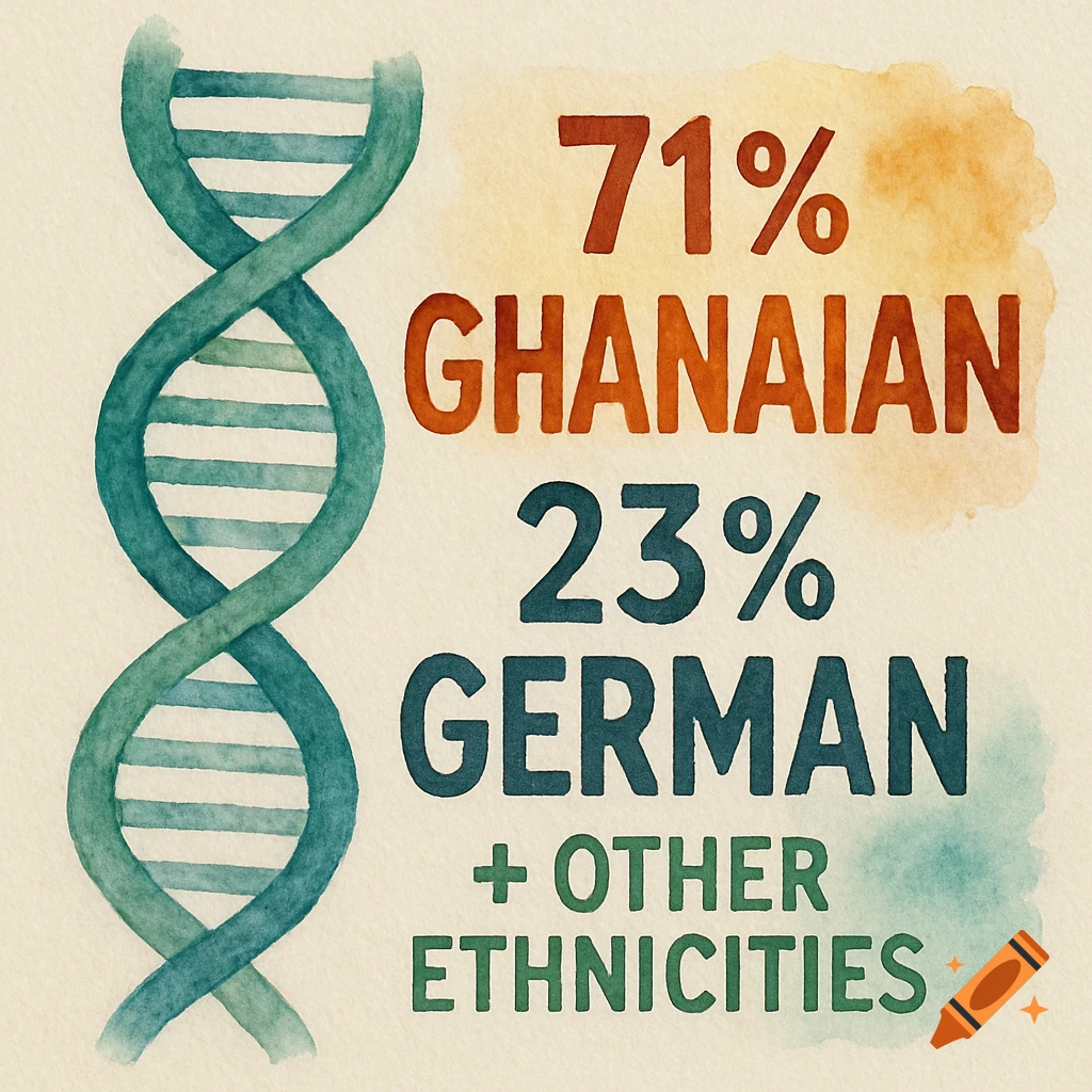 A watercolor illustration of a DNA helix next to text that reads '71% GHANAIAN', '23% GERMAN', '+ OTHER ETHNICITIES'.