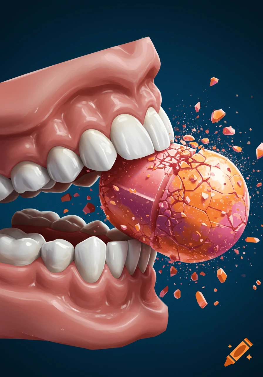 Close-up of human teeth biting down on a shattering pill