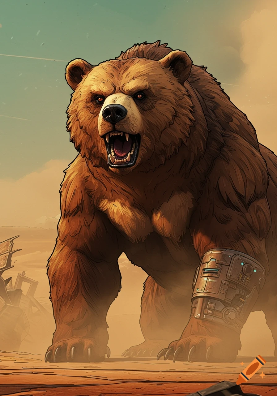 A roaring stylized bear with a robotic arm in a desert landscape.