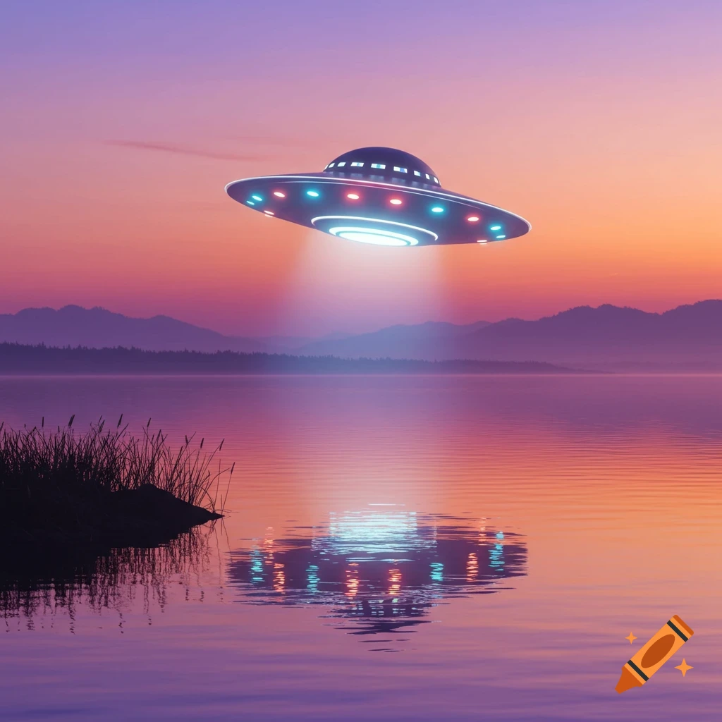 UFO hovering over a lake with a reflection at sunset