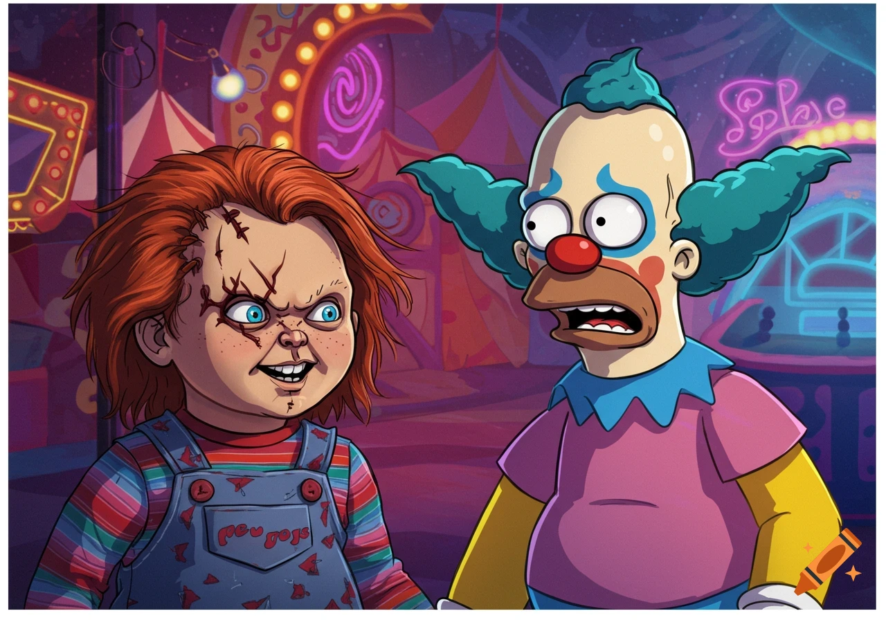 Cartoon image of Chucky doll meeting Krusty the Clown at a spooky carnival.