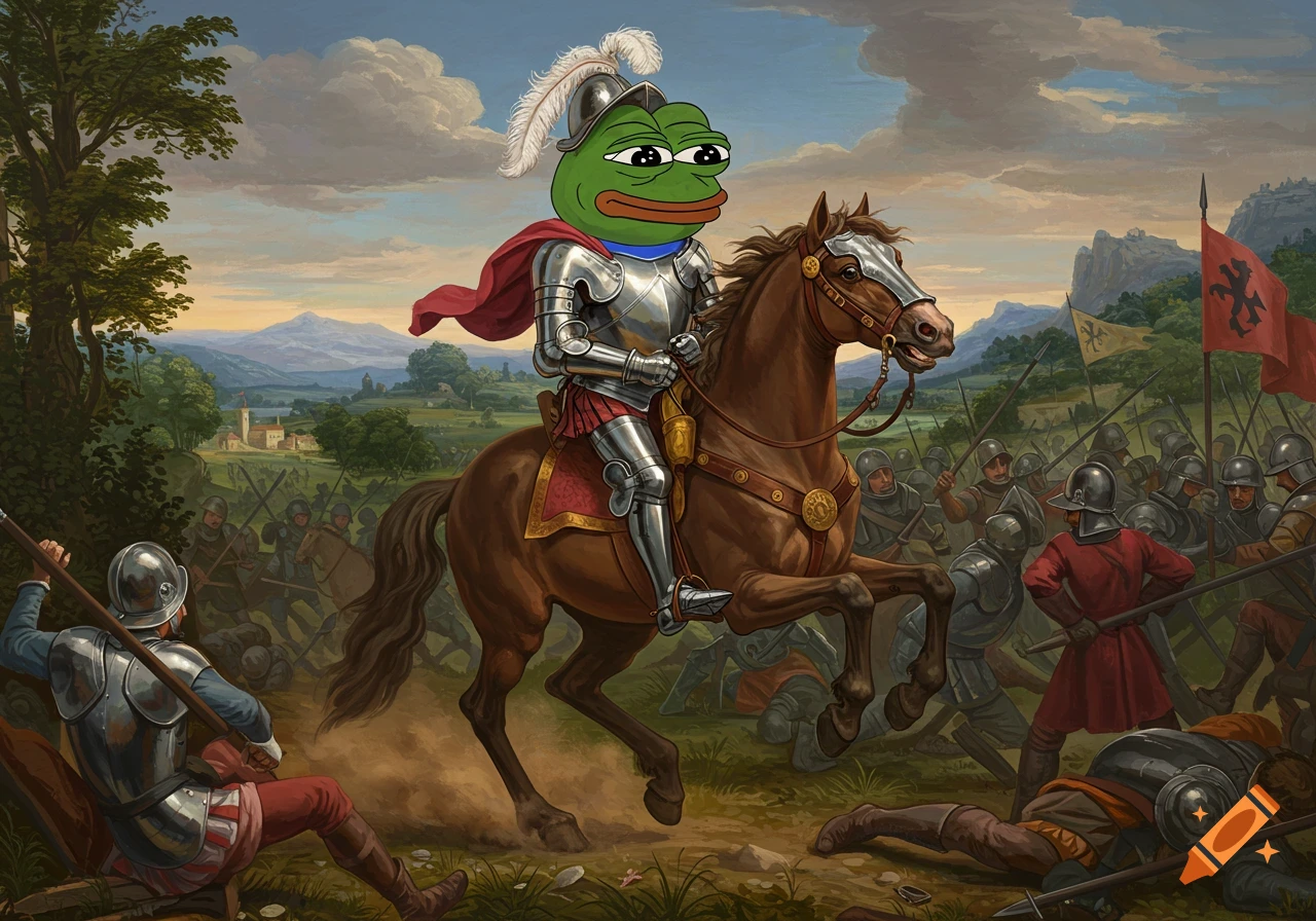 Pepe the Frog riding a horse into battle, painted in renaissance style