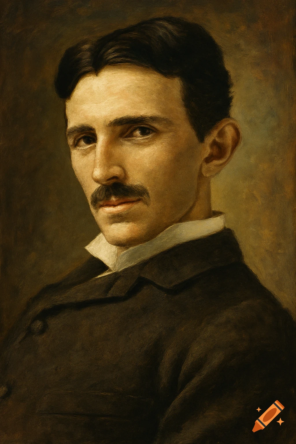 A classical painting portrait of Nikola Tesla.