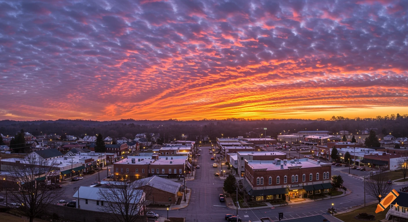 An aerial view of a small town at sunrise, with vibrant orange, pink, and purple clouds filling the sky over buildings and streets.