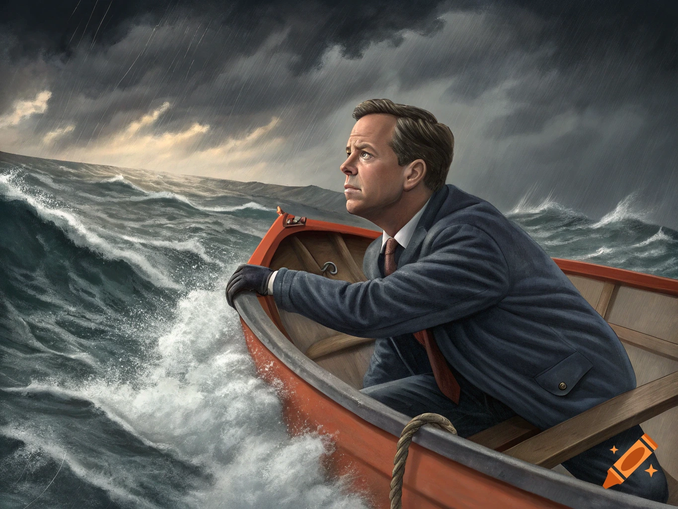 Man in a suit rows a lifeboat through stormy seas under a dark sky.