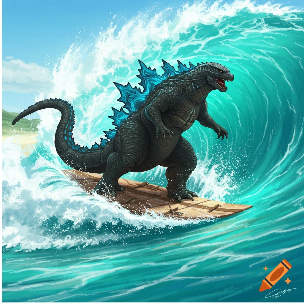 Illustration of Godzilla surfing on a wooden board on a large ocean wave.