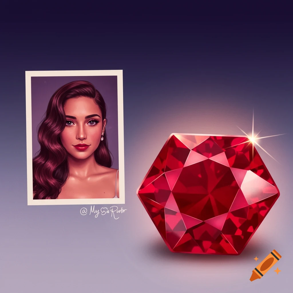 A stylized portrait of a woman next to a large, faceted red gem.