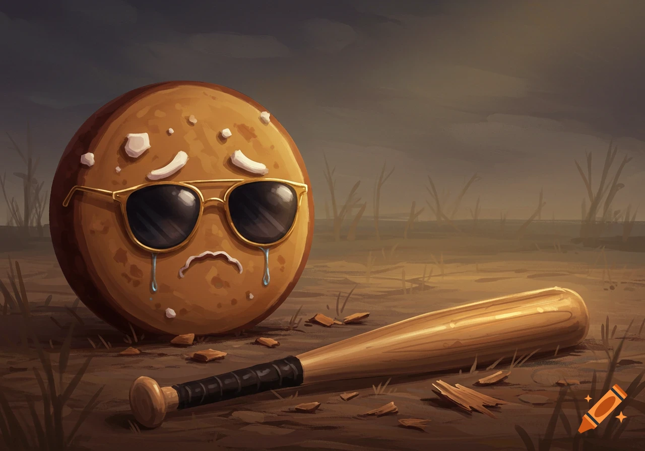 A sad cartoon cookie wearing sunglasses cries next to a broken baseball bat.