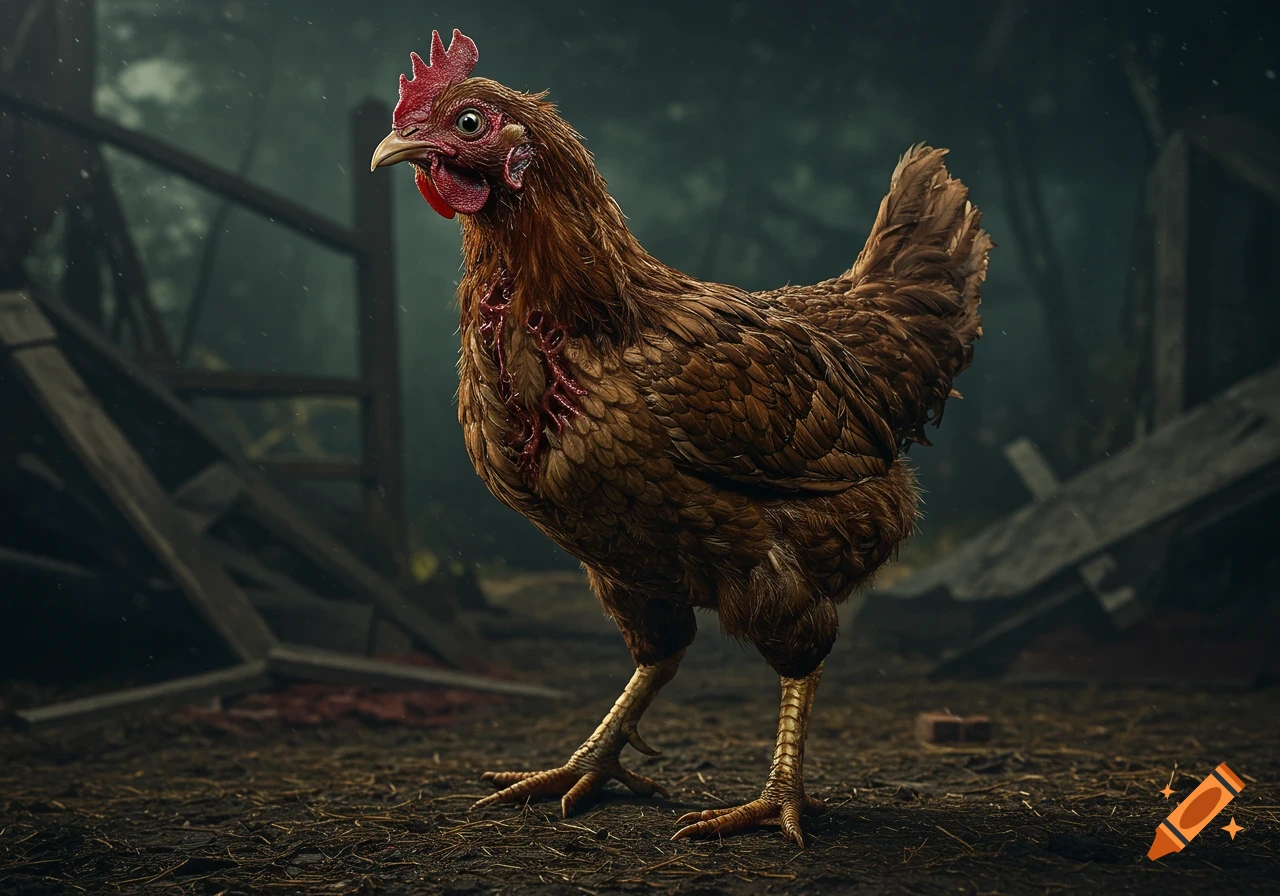 A zombie chicken stands in a dark, messy environment.