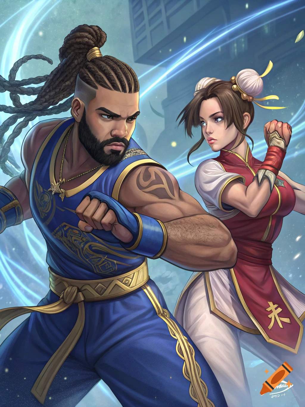 Luke and Chun-Li in a fighting pose, illustration