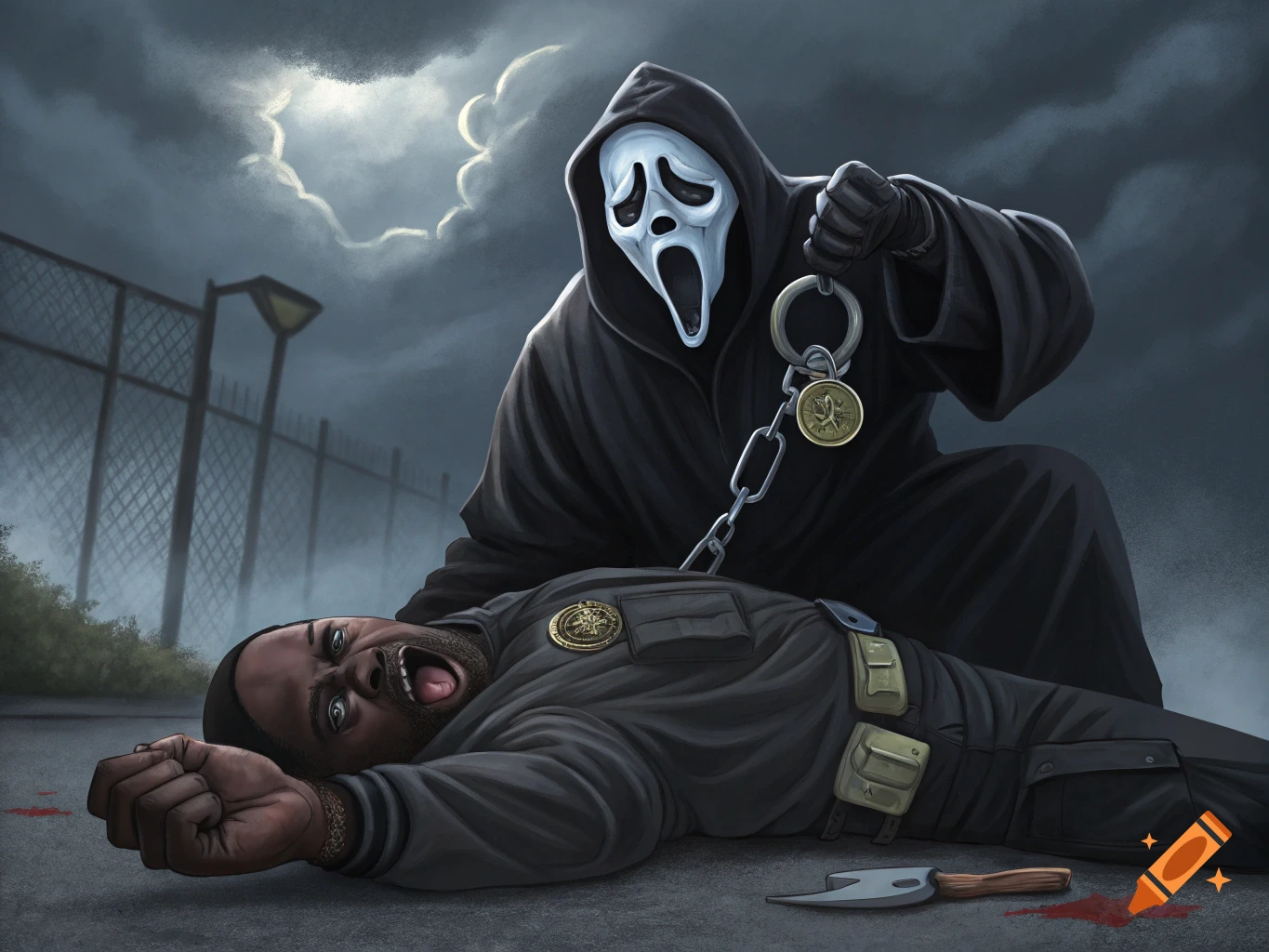 A figure in a Ghostface mask stands over a man lying on the ground, holding a chained object.