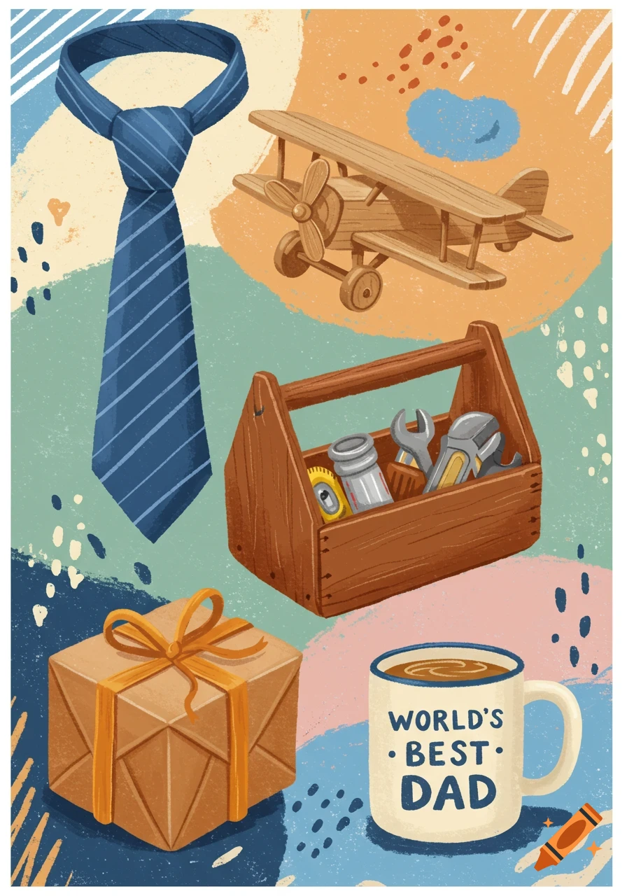 Illustration of a tie, wooden airplane, toolbox, gift box, and a mug with 'WORLD'S BEST DAD' text.