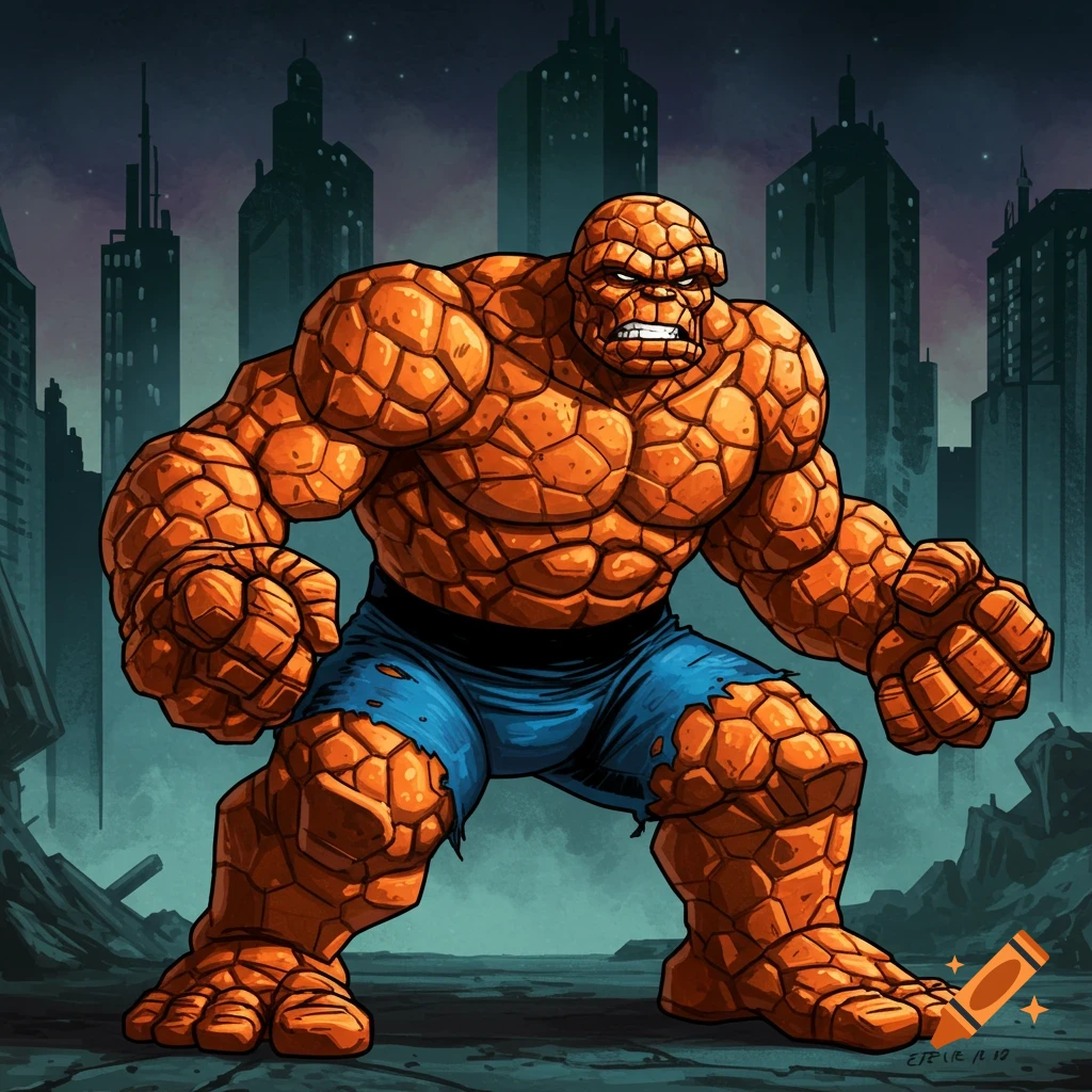 The Thing from Marvel Comics standing in front of a cityscape at night, in a comic book style.