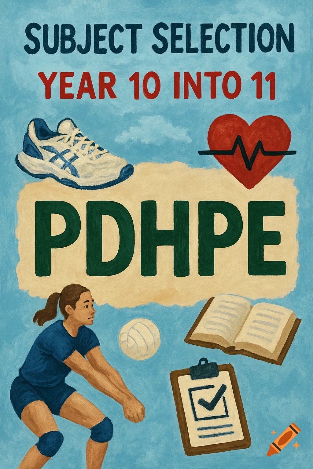 A flyer for subject selection, Year 10 into 11 PDHPE, featuring a runner, heart with heartbeat line, volleyball player, volleyball, open book, and clipboard with checkmark, in a textured, painted style.