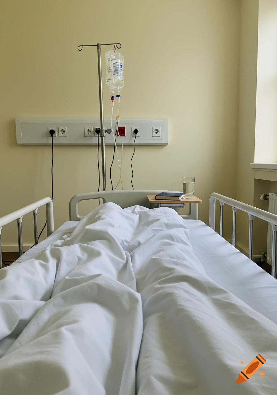 First person view of an empty hospital bed with white sheets, IV stand, and  a bedside table with a book and water. on Craiyon, image size:896x1280