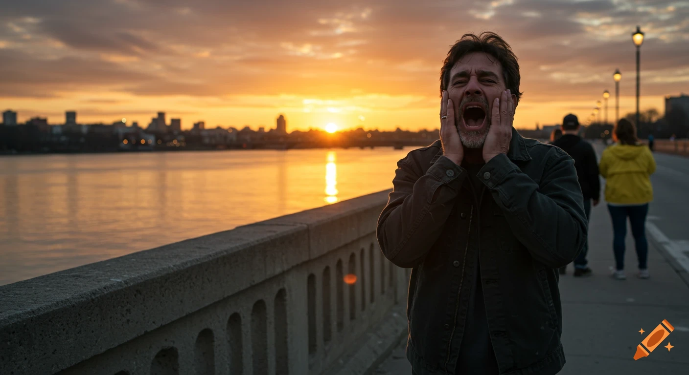 A man with hands to his face screams on a bridge at sunset with other people nearby.
