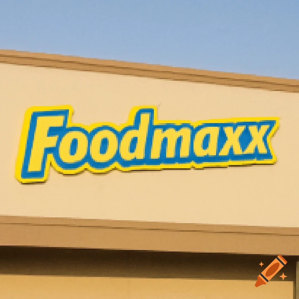 Pixelated yellow sign with blue outline for 'Foodmaxx' on a tan building