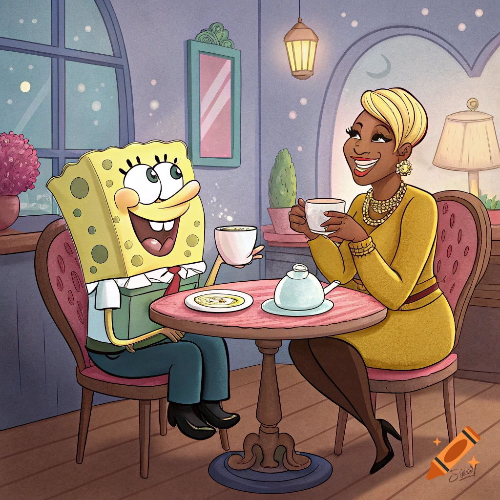 Spongebob and Nene Leakes sit at a cafe table, holding teacups and smiling in a cartoon style.