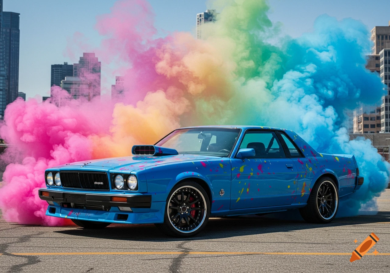 Blue car with paint splatter and colorful smoke trails in a city setting