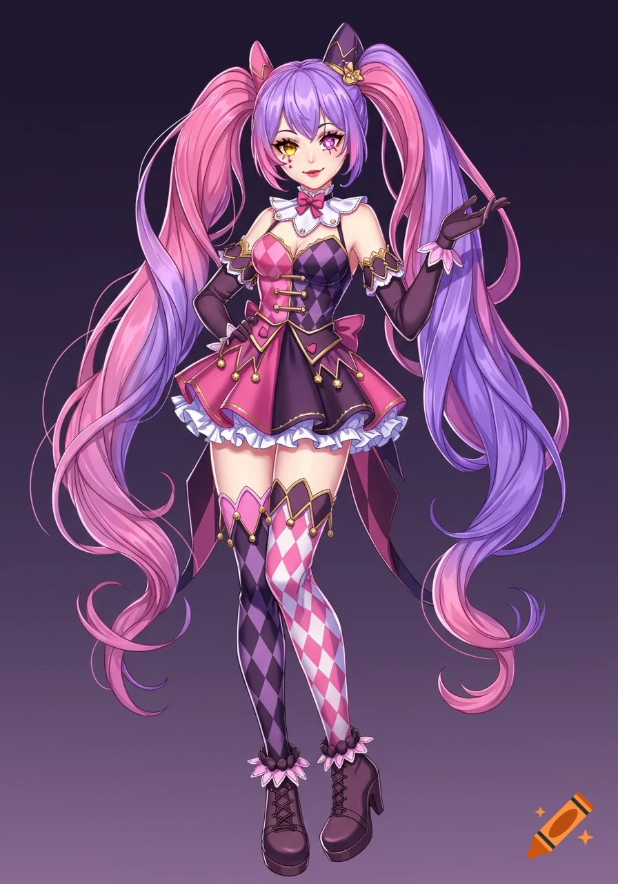 Full body anime character with long purple and pink twin ponytails in a harlequin jester outfit.