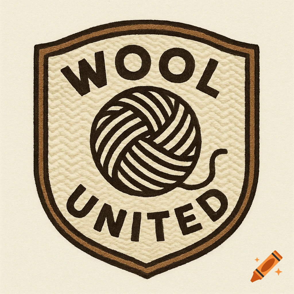 A shield-shaped badge with the words WOOL UNITED and a ball of yarn.
