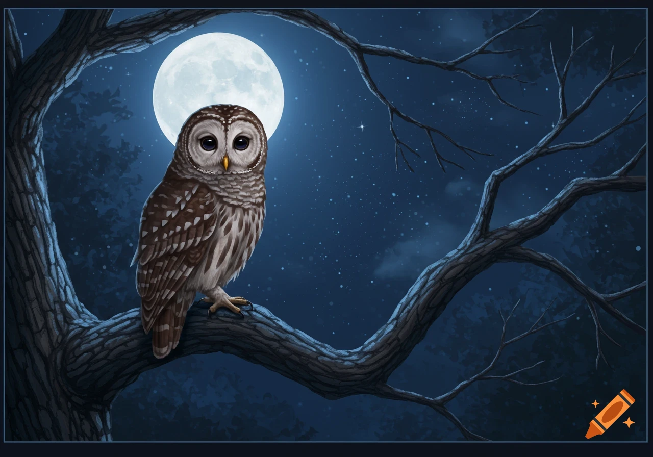 Illustration of an owl perched on a tree branch under a full moon at night.