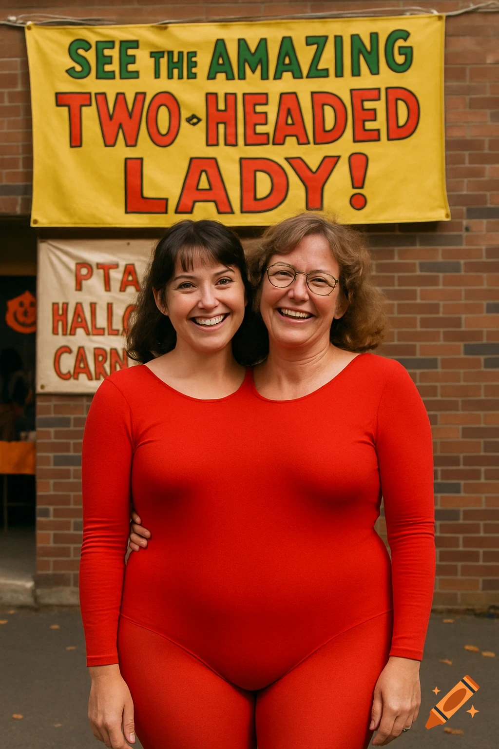 Two women in a red leotard costume portray a two-headed lady in front of carnival banners.