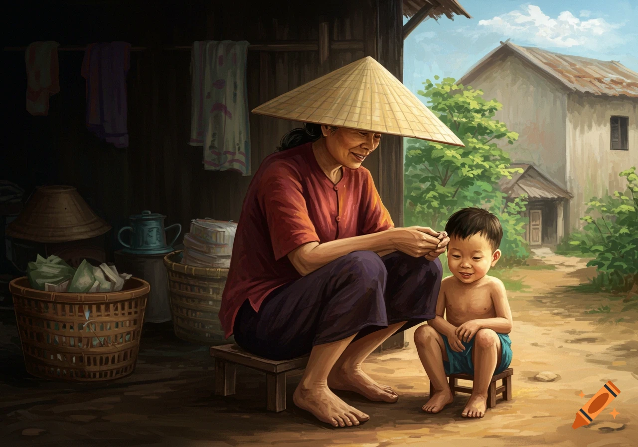 A Vietnamese mother wearing a conical hat sits with her young son outside a wooden hut, in a painting style.