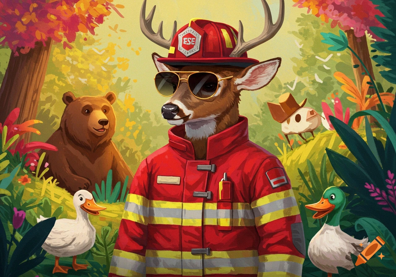 Anthropomorphic deer firefighter wearing sunglasses and turnout gear, with a bear and ducks in a forest setting.