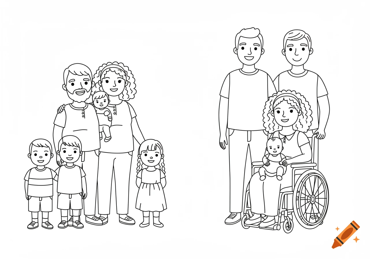 Coloring page with two families, one with parents and 4 children, the other with 2 men and a woman in a wheelchair with a baby.