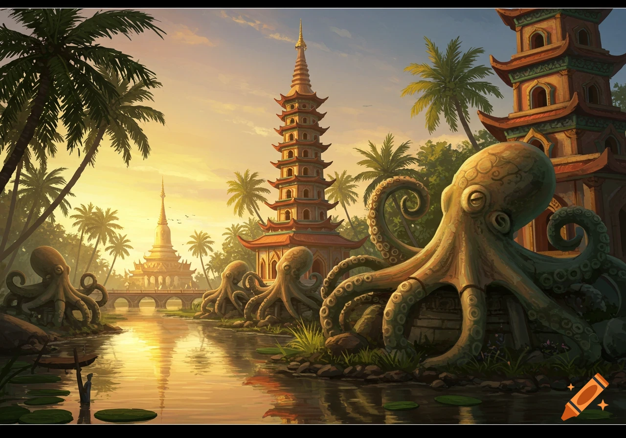 Fantasy illustration of octopus statues along a river with pagodas and palm trees at sunset.