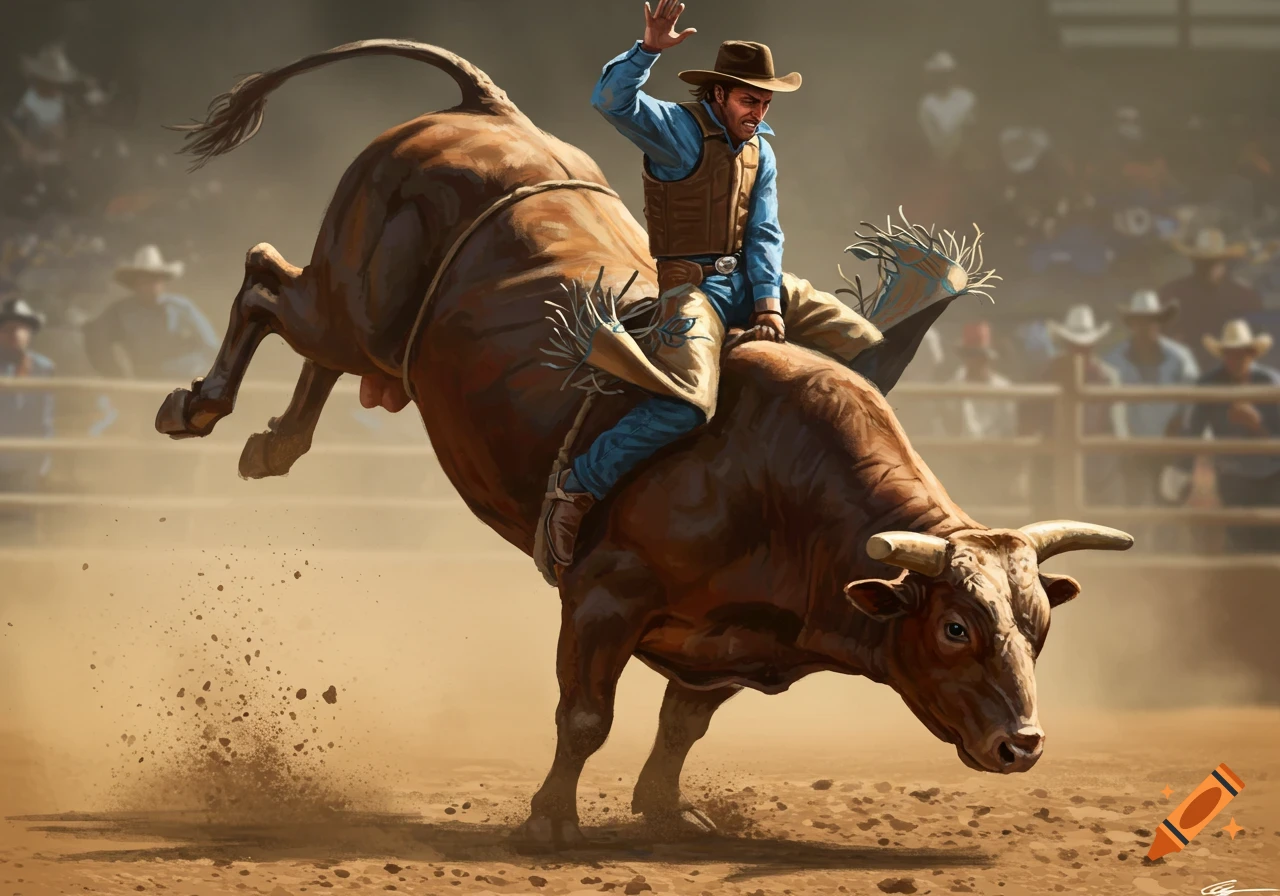 A cowboy rides a bucking bull in a rodeo arena.