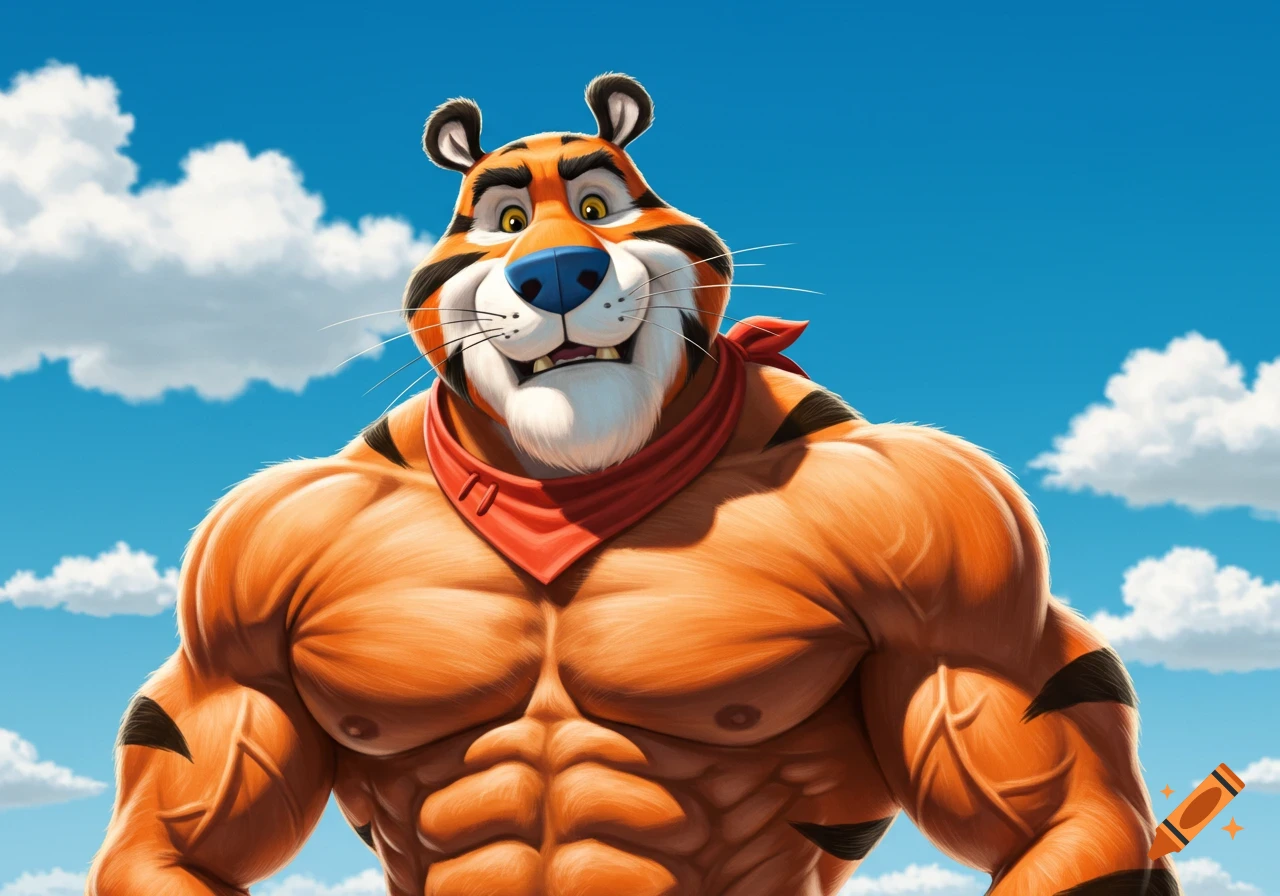 A muscular cartoon tiger character (Tony the Tiger) against a blue sky with clouds.