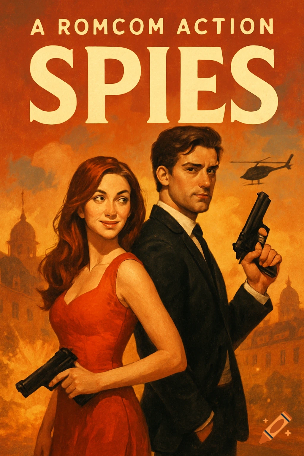 Illustrated poster for 'A ROMCOM ACTION SPIES' showing a man and woman with guns.