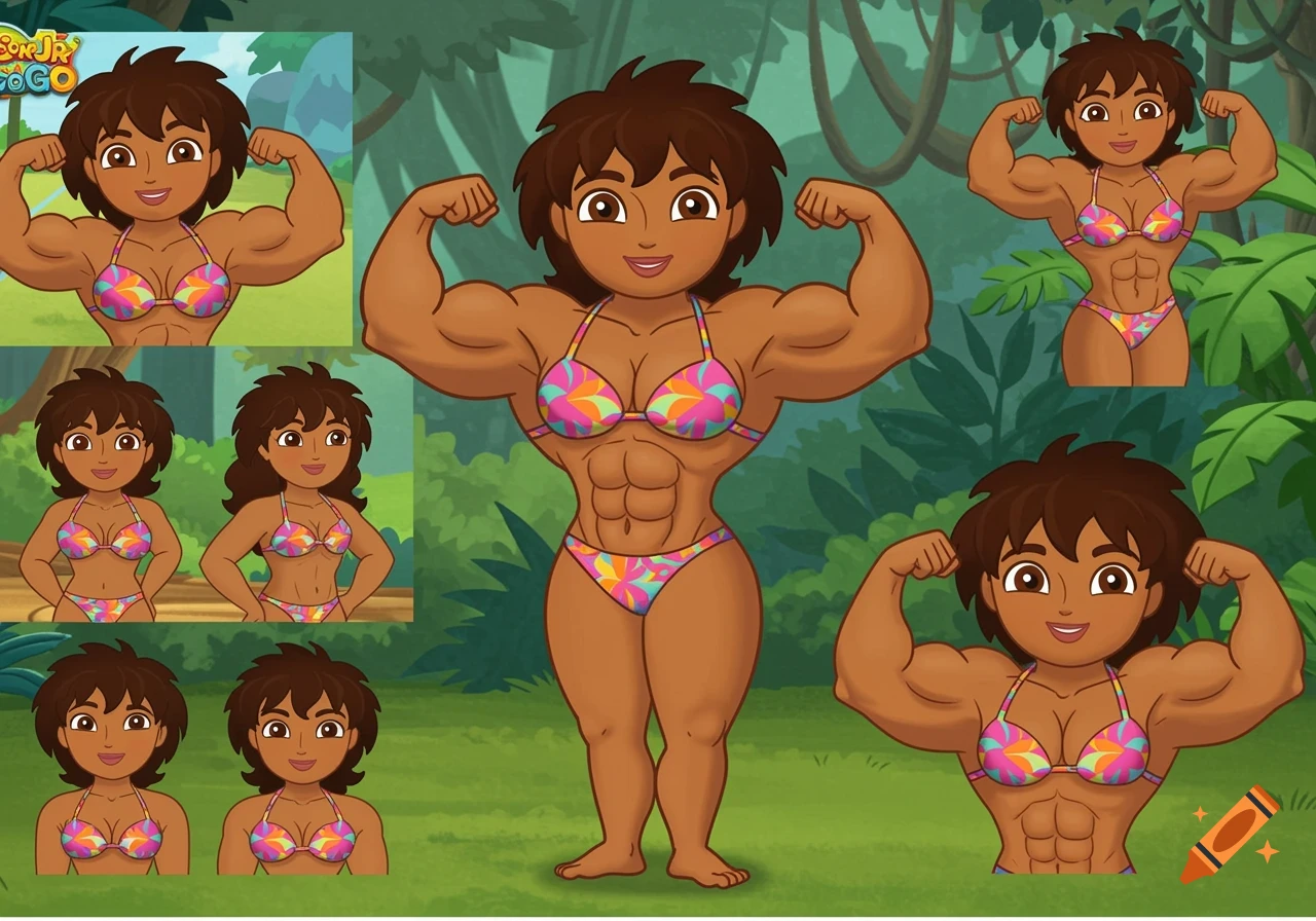 Cartoon character in a bikini flexing muscles in a model sheet layout.