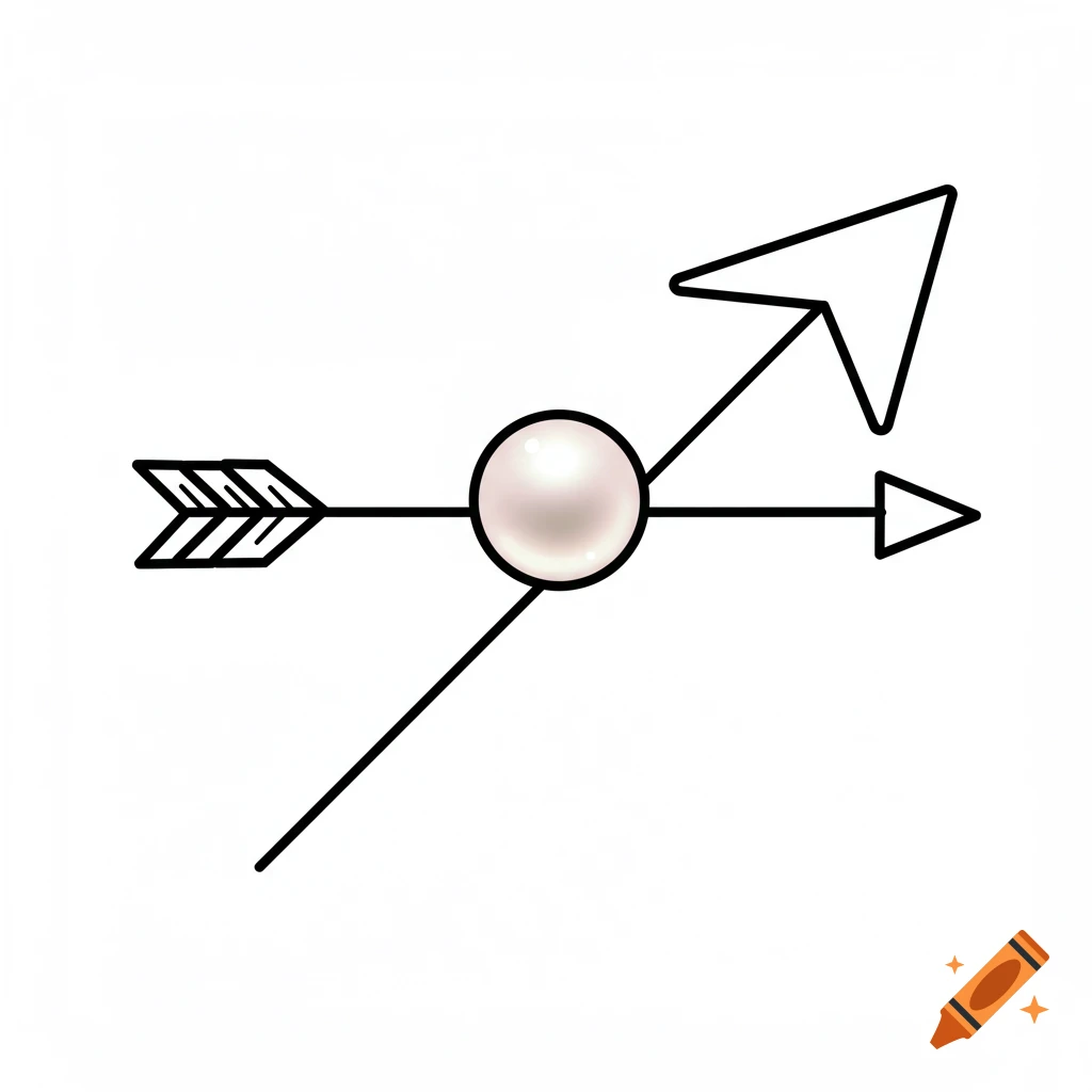 A black line illustration of an arrow intersecting a pearlescent sphere, with additional lines and arrowheads pointing outwards.